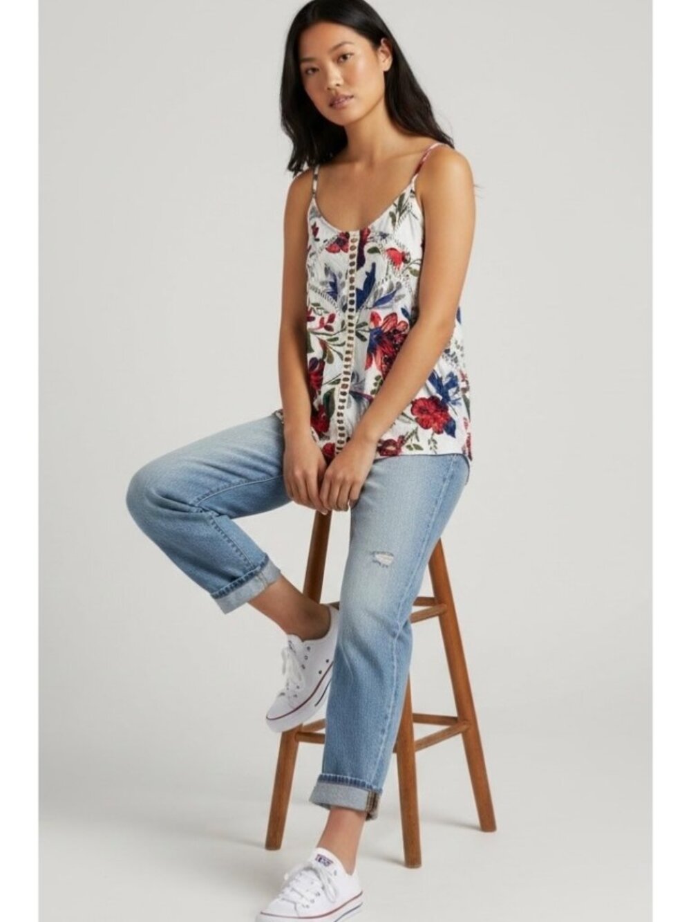UMGEE White Floral Print Adjustable Strap Women's Flowy Tank Top Size Small